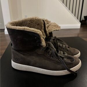 UGG Brown Leather Shearling-Trim High-Top Sneakers